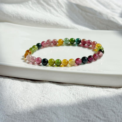Natural Brazilian Rainbow Tourmaline Bracelet | 6mm Multi-Color Tourmaline Beads | October Birthstone | Fine Jewelry Gift