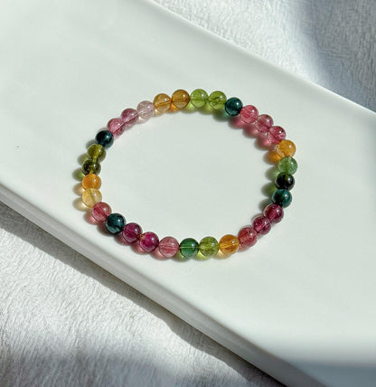 Natural Brazilian Rainbow Tourmaline Bracelet | 6mm Multi-Color Tourmaline Beads | October Birthstone | Fine Jewelry Gift