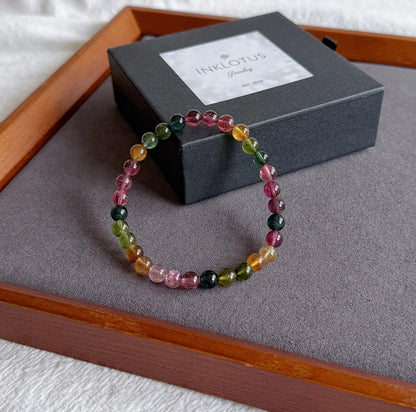 Natural Brazilian Rainbow Tourmaline Bracelet | 6mm Multi-Color Tourmaline Beads | October Birthstone | Fine Jewelry Gift