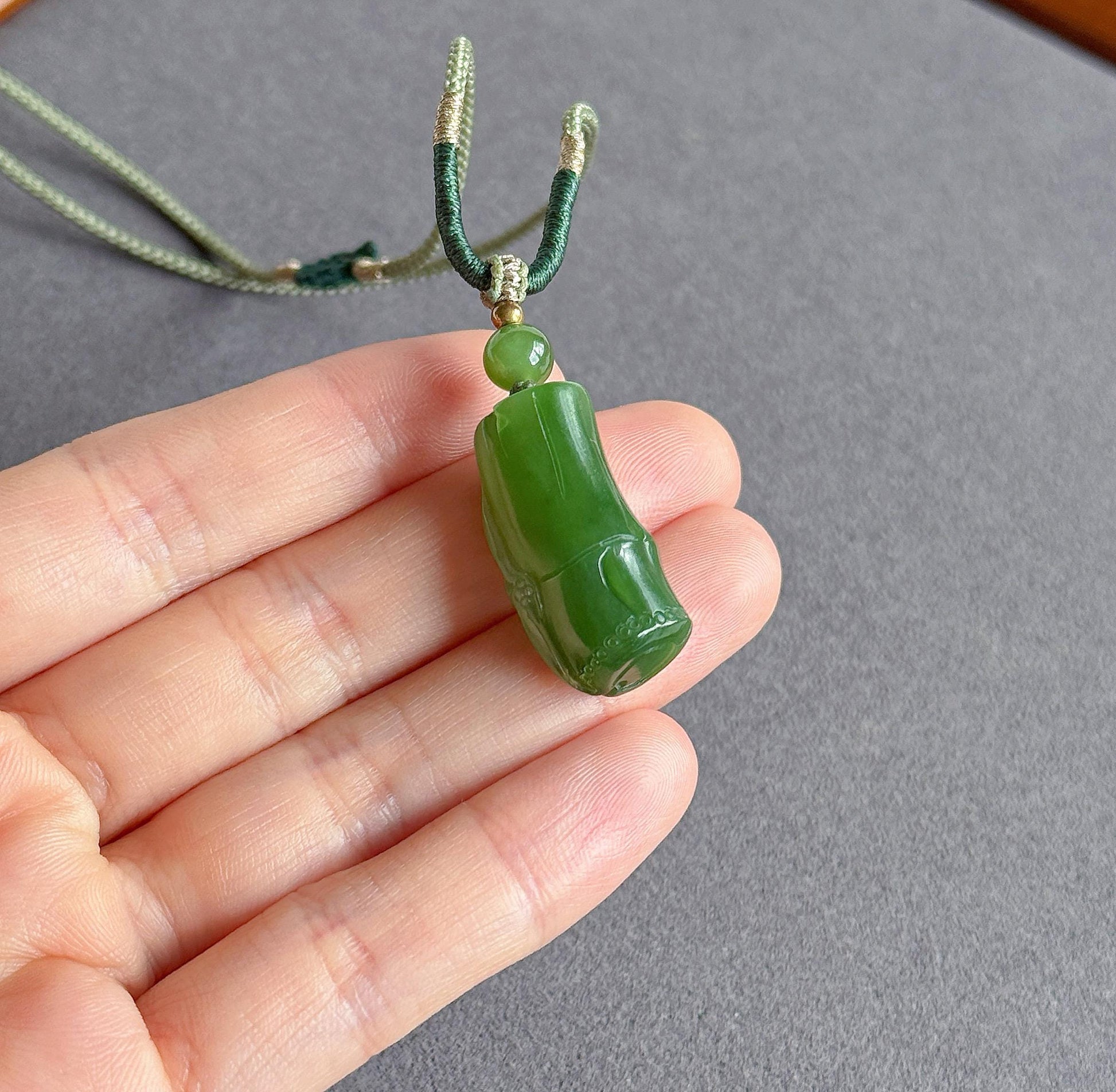 Jade Bamboo Pendant Necklace | Natural and Certified Green Nephrite Jade | Lucky Prosperity Amulet | Adjustable Cord Necklace