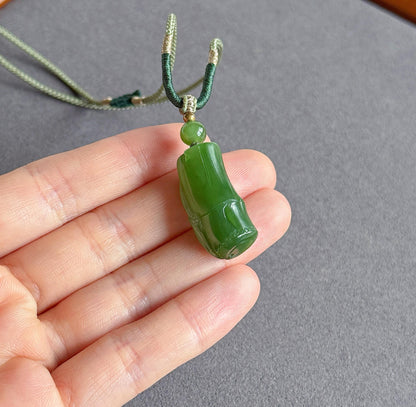 Jade Bamboo Pendant Necklace | Natural and Certified Green Nephrite Jade | Lucky Prosperity Amulet | Adjustable Cord Necklace