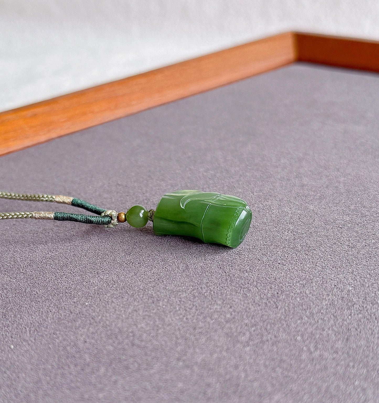 Jade Bamboo Pendant Necklace | Natural and Certified Green Nephrite Jade | Lucky Prosperity Amulet | Adjustable Cord Necklace
