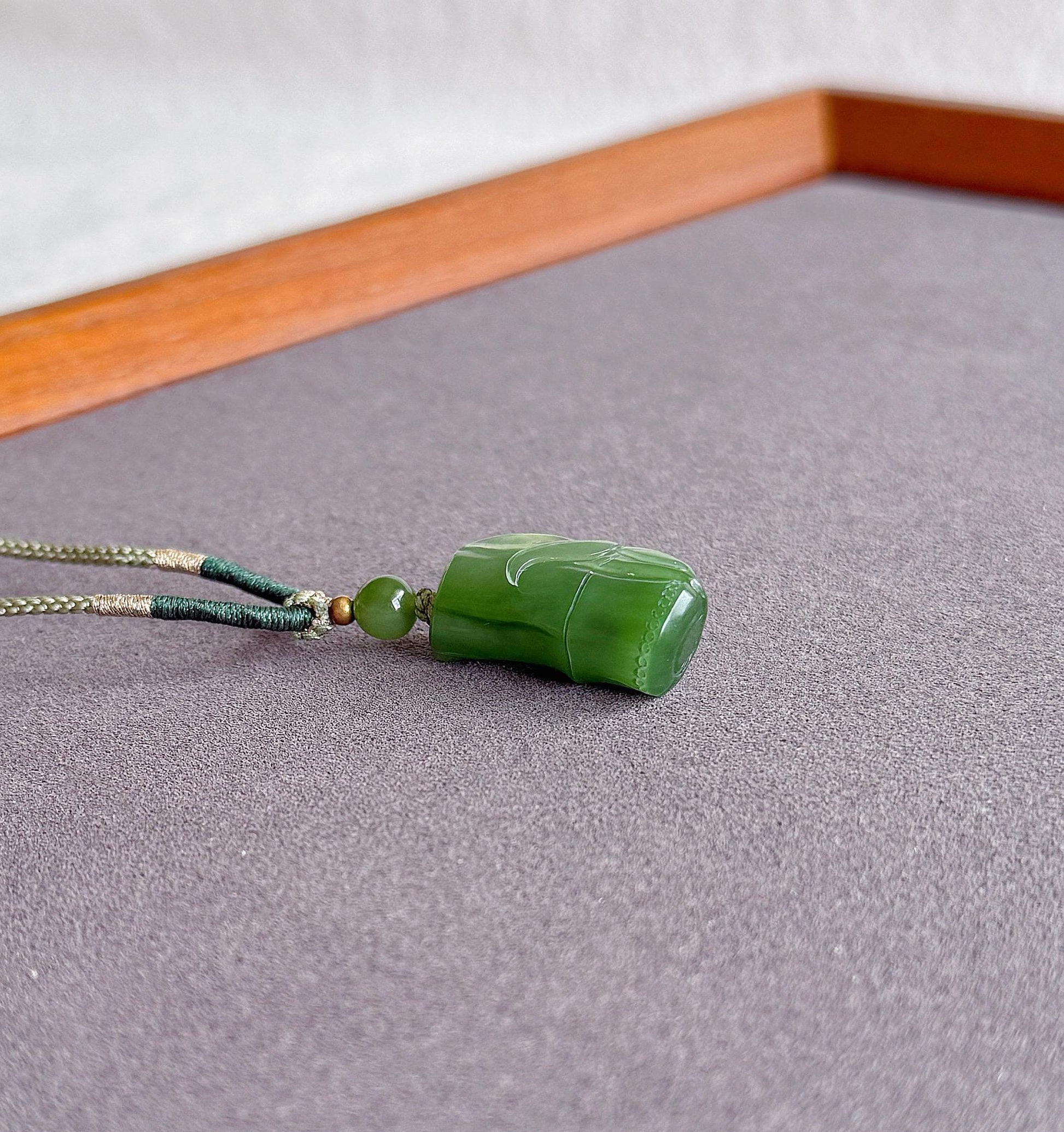 Jade Bamboo Pendant Necklace | Natural and Certified Green Nephrite Jade | Lucky Prosperity Amulet | Adjustable Cord Necklace