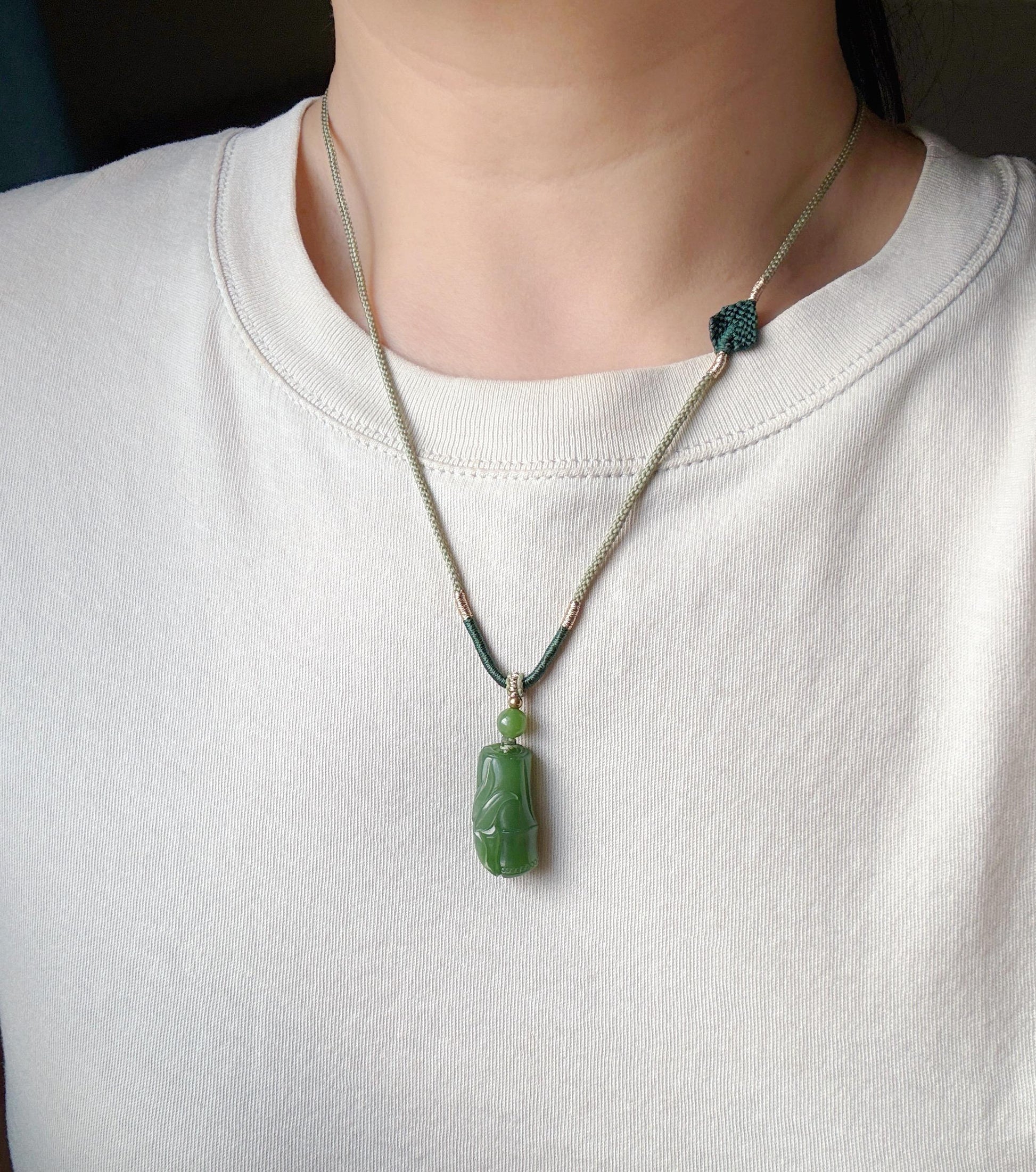 Jade Bamboo Pendant Necklace | Natural and Certified Green Nephrite Jade | Lucky Prosperity Amulet | Adjustable Cord Necklace