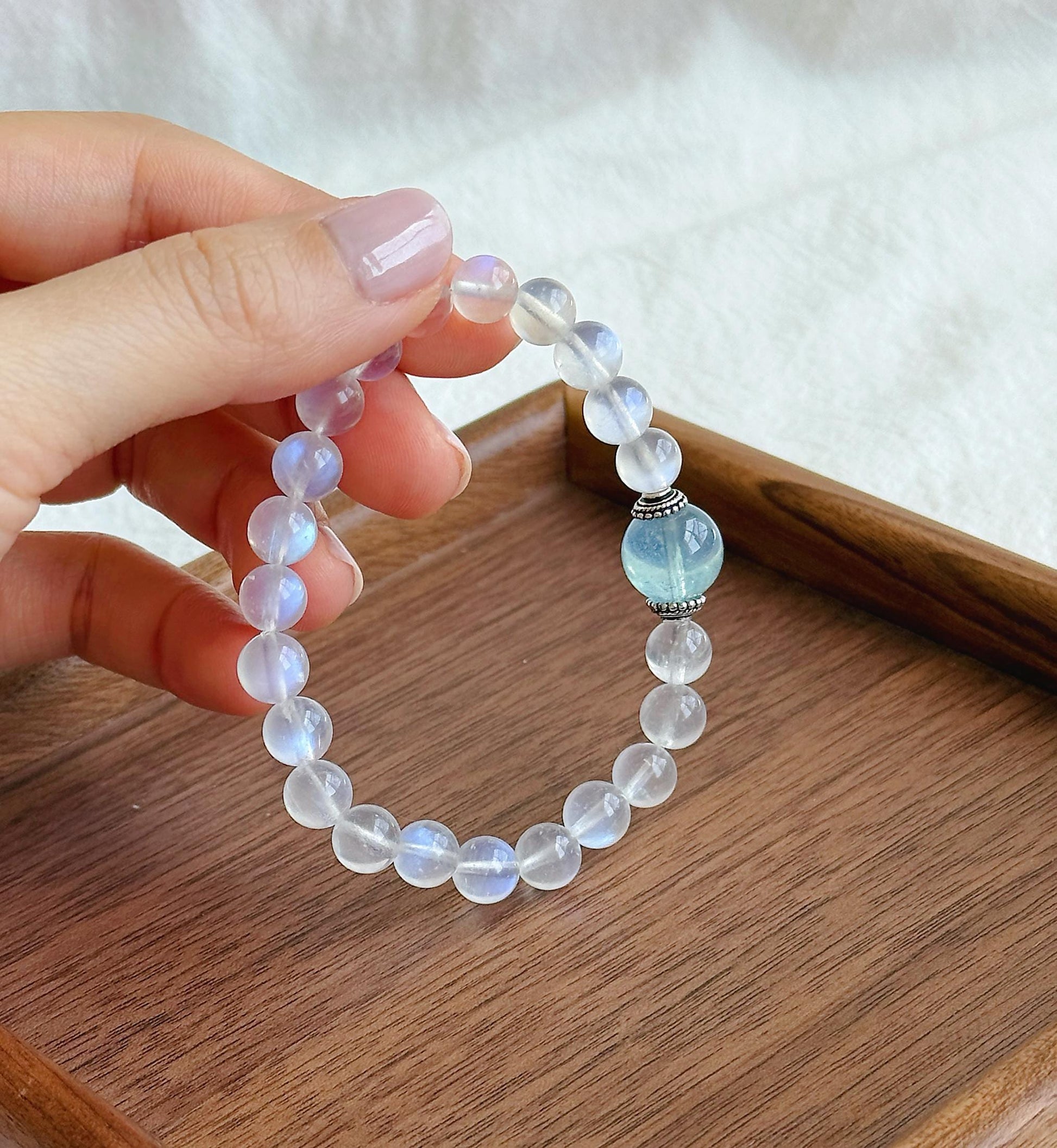 Moonstone & Aquamarine Bracelet | High-Grade Blue Sheen Moonstone 7.5mm | June/March Birthstone | Gift for Her