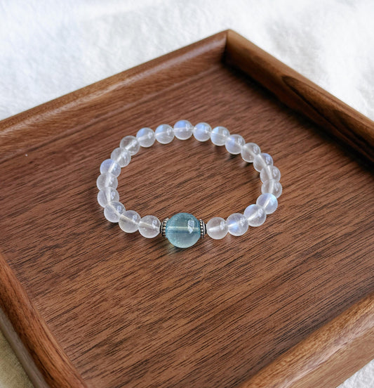 Moonstone & Aquamarine Bracelet | High-Grade Blue Sheen Moonstone 7.5mm | June/March Birthstone | Gift for Her