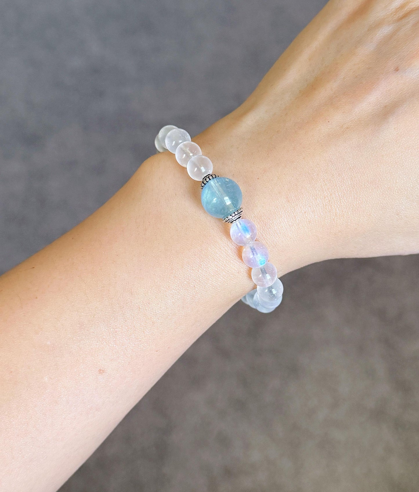 Moonstone & Aquamarine Bracelet | High-Grade Blue Sheen Moonstone 7.5mm | June/March Birthstone | Gift for Her