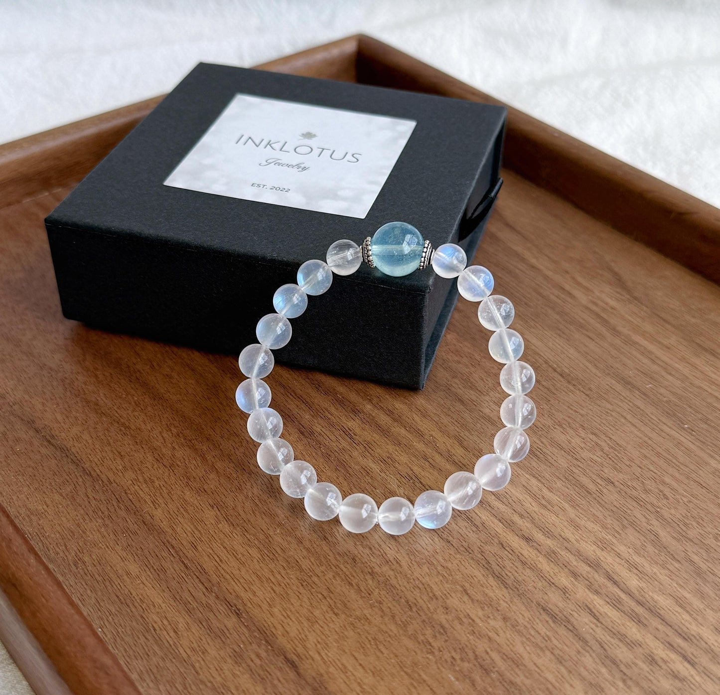 Moonstone & Aquamarine Bracelet | High-Grade Blue Sheen Moonstone 7.5mm | June/March Birthstone | Gift for Her