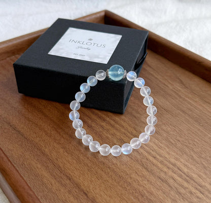 Moonstone & Aquamarine Bracelet | High-Grade Blue Sheen Moonstone 7.5mm | June/March Birthstone | Gift for Her