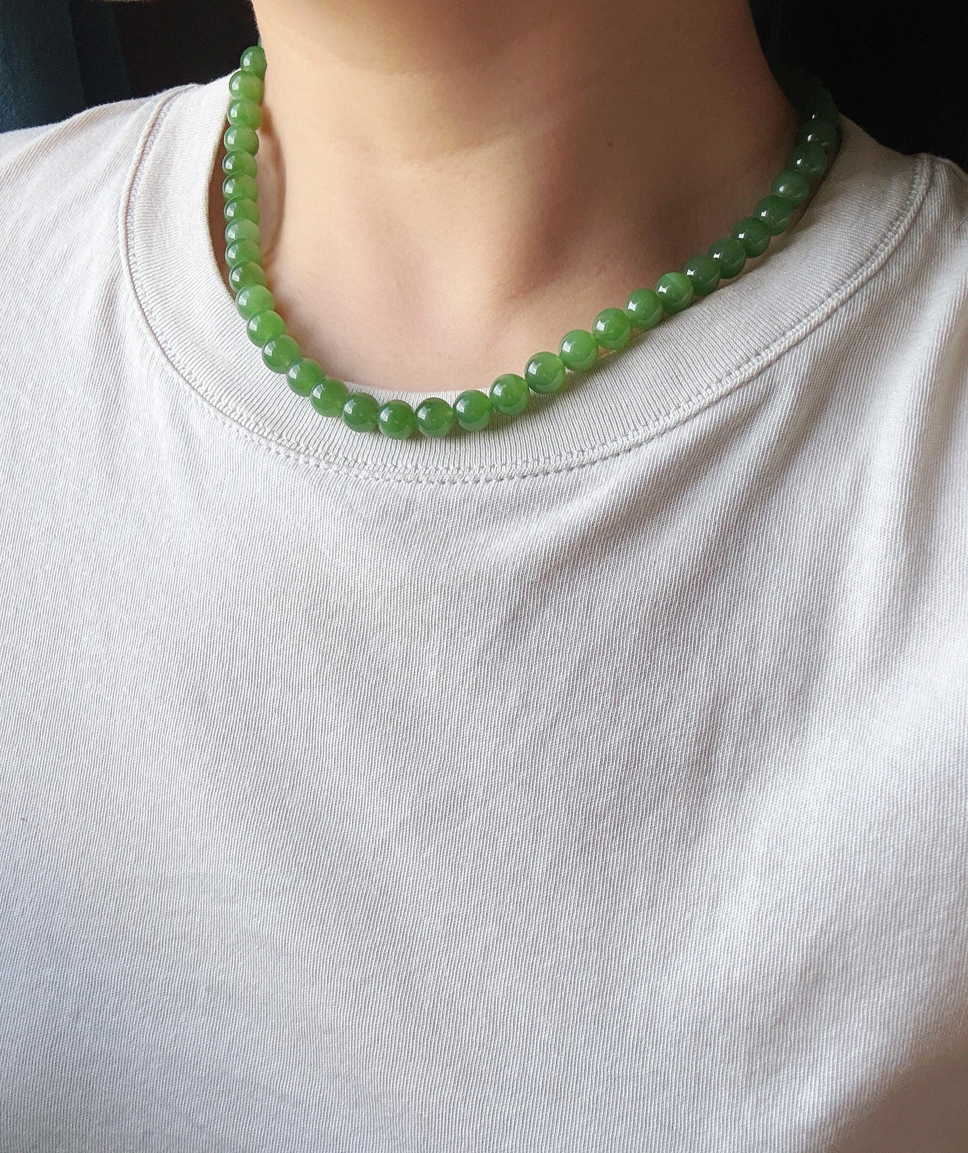Premium Natural Green Nephrite Jade Beaded Necklace 8mm | Genuine and Certified Nephrite Jade | Fine Jewelry Gift for Her
