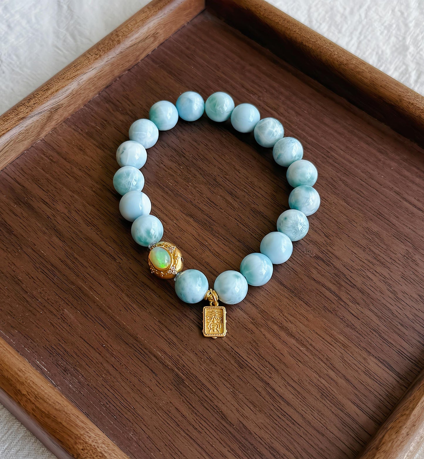 9mm Natural Larimar Beaded Bracelet | Natural Opal Accent & S925 Zaki Lam Charm | Ocean Blue Gemstone Jewelry