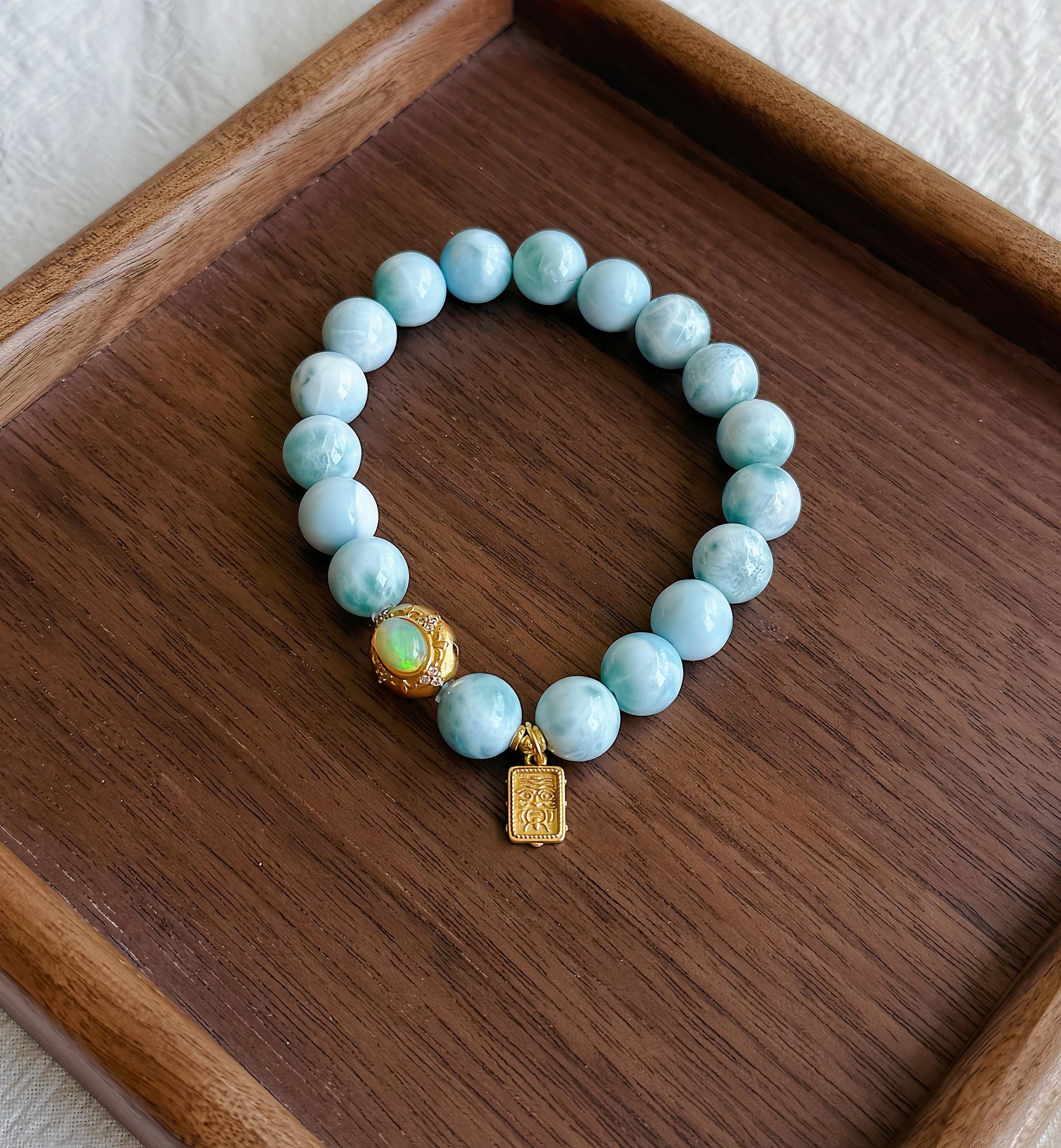 9mm Natural Larimar Beaded Bracelet | Natural Opal Accent & S925 Zaki Lam Charm | Ocean Blue Gemstone Jewelry