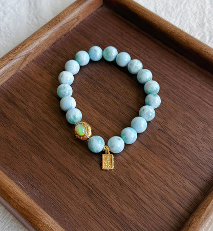 9mm Natural Larimar Beaded Bracelet | Natural Opal Accent & S925 Zaki Lam Charm | Ocean Blue Gemstone Jewelry