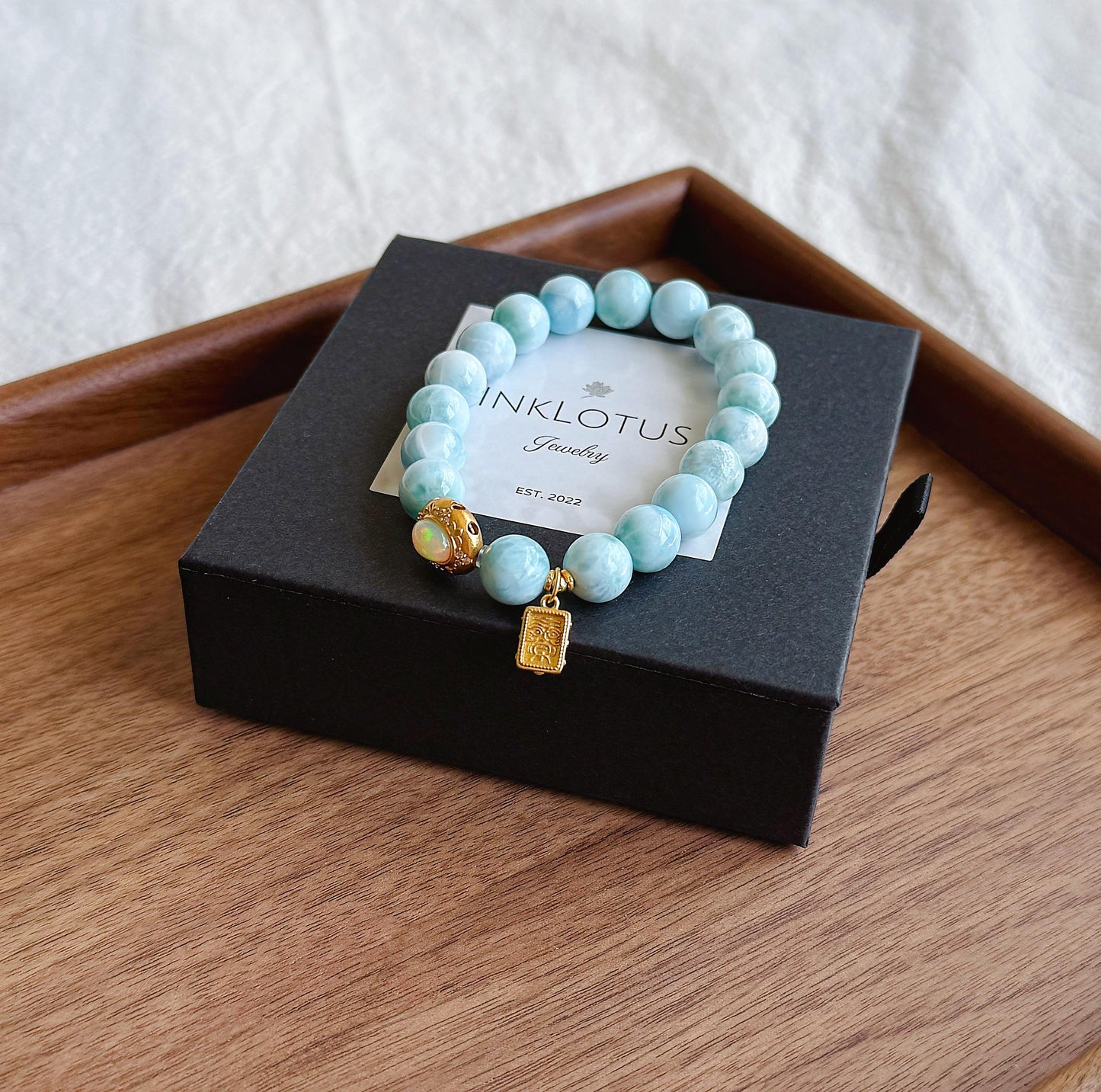 9mm Natural Larimar Beaded Bracelet | Natural Opal Accent & S925 Zaki Lam Charm | Ocean Blue Gemstone Jewelry