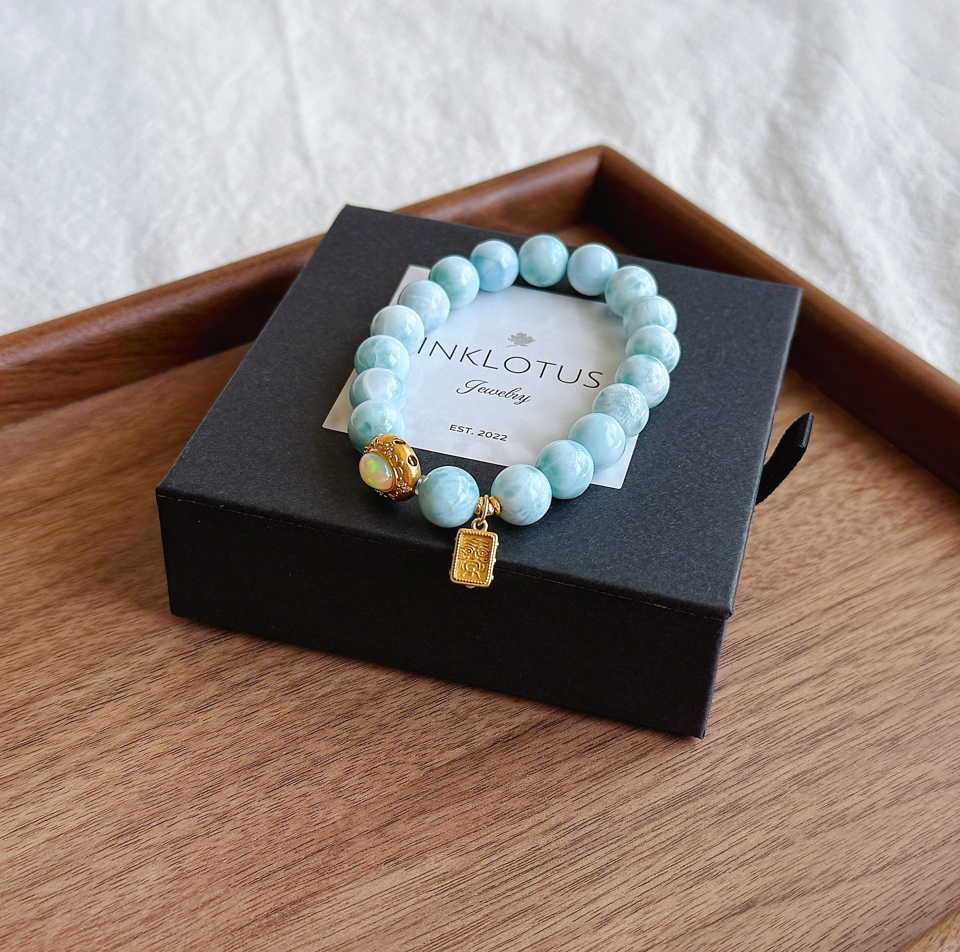 9mm Natural Larimar Beaded Bracelet | Natural Opal Accent & S925 Zaki Lam Charm | Ocean Blue Gemstone Jewelry