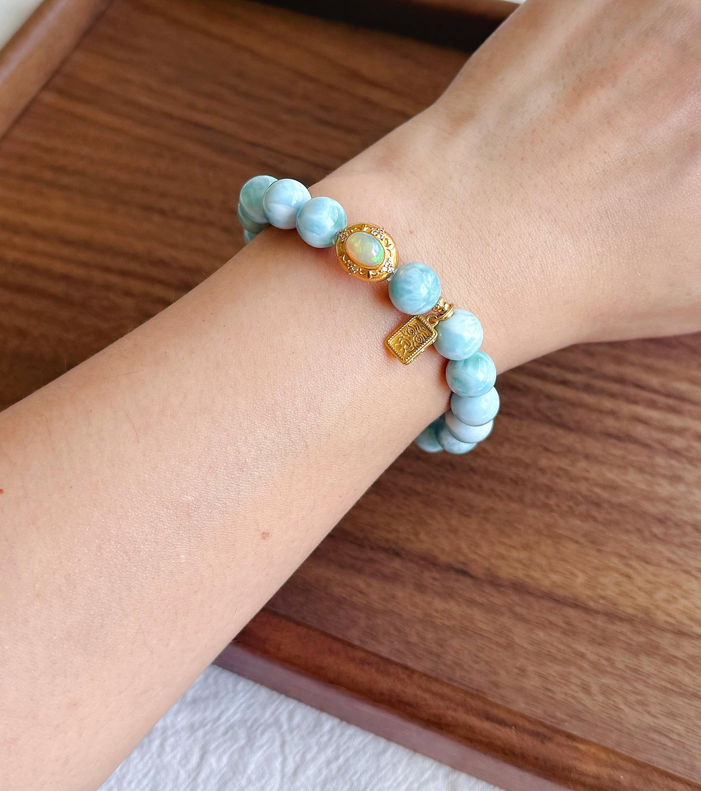 9mm Natural Larimar Beaded Bracelet | Natural Opal Accent & S925 Zaki Lam Charm | Ocean Blue Gemstone Jewelry