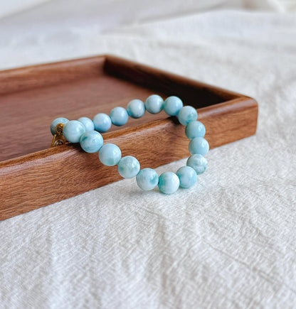 9mm Natural Larimar Beaded Bracelet | Natural Opal Accent & S925 Zaki Lam Charm | Ocean Blue Gemstone Jewelry
