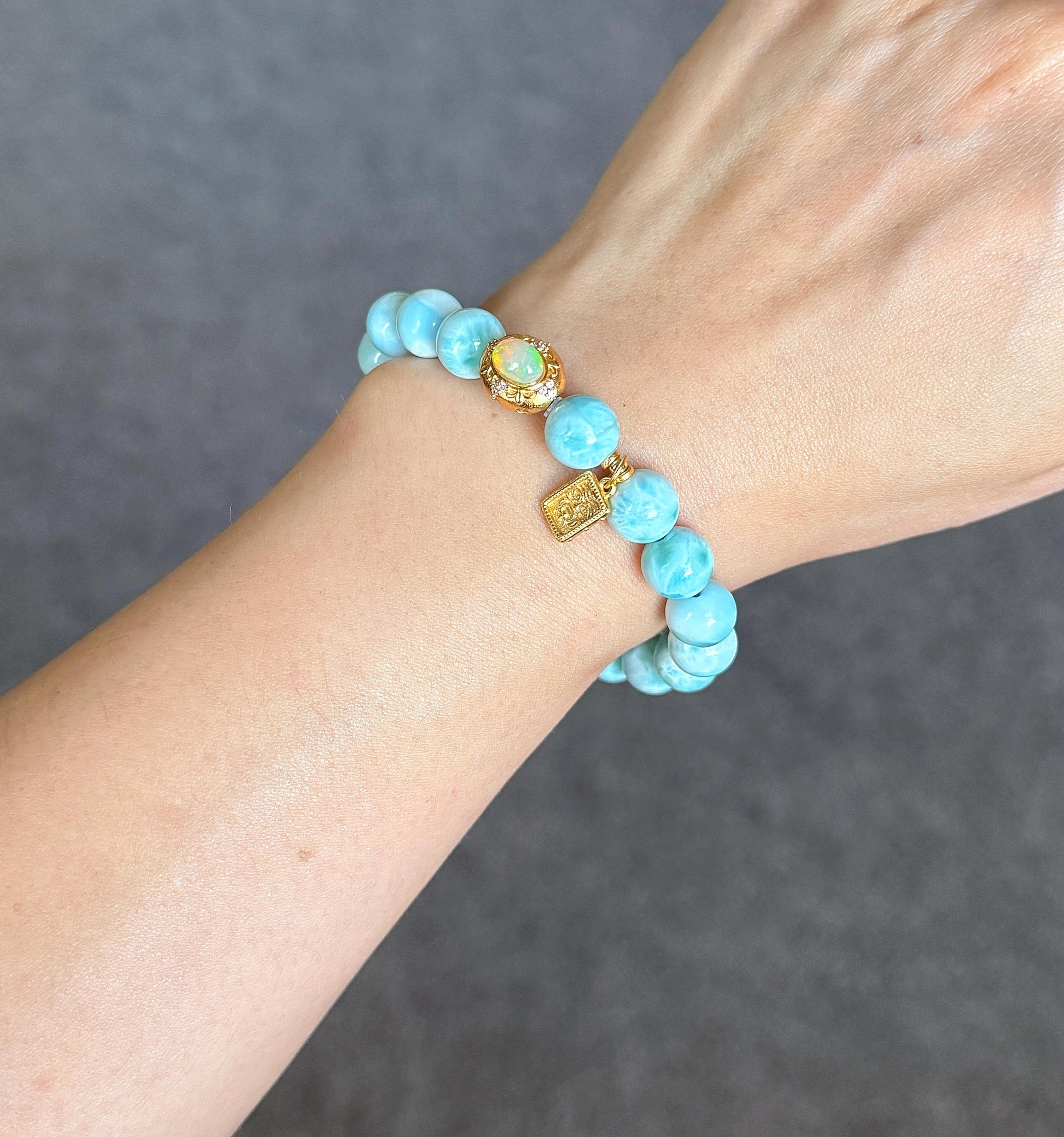 9mm Natural Larimar Beaded Bracelet | Natural Opal Accent & S925 Zaki Lam Charm | Ocean Blue Gemstone Jewelry