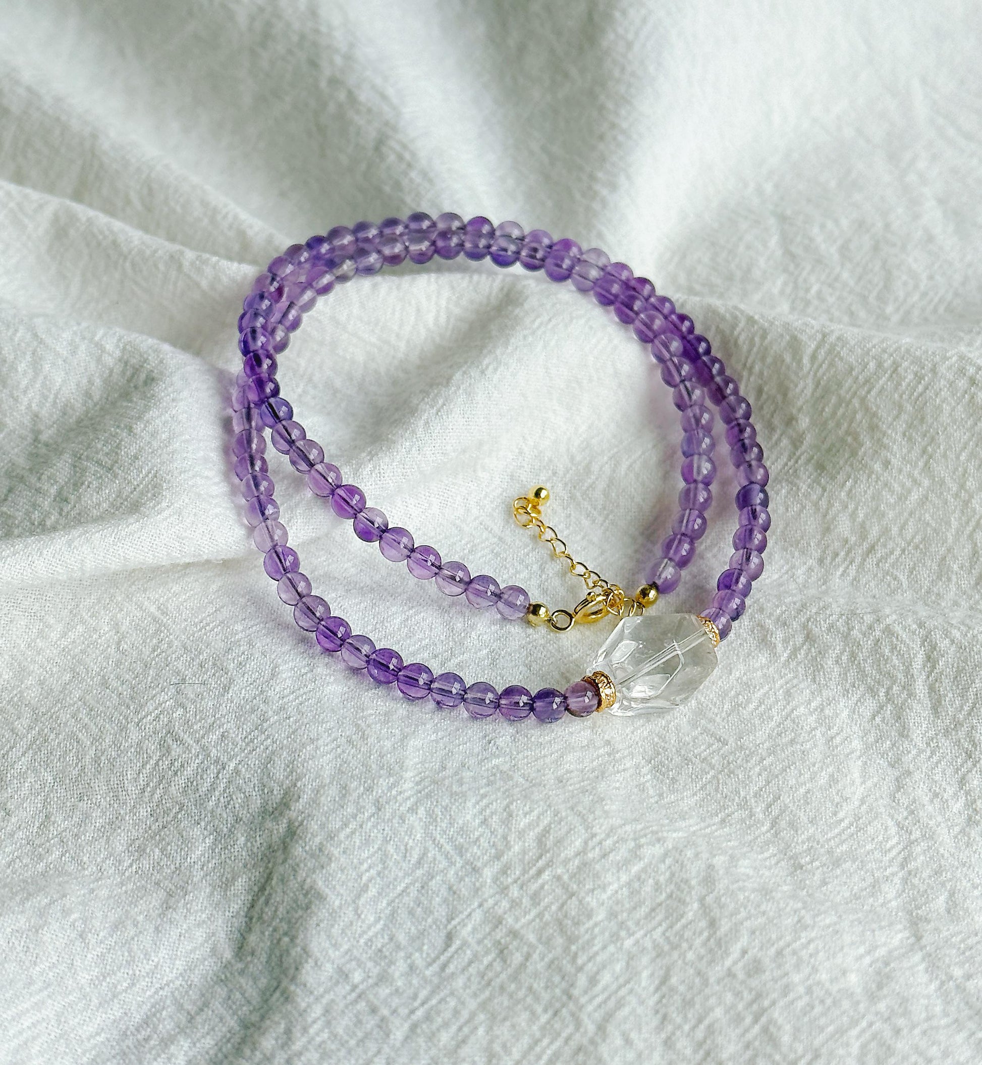 4.5mm Amethyst Beaded Necklace Choker | Faceted Clear Quartz | Adjustable Length | February Birthstone