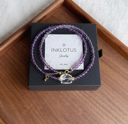 4.5mm Amethyst Beaded Necklace Choker | Faceted Clear Quartz | Adjustable Length | February Birthstone
