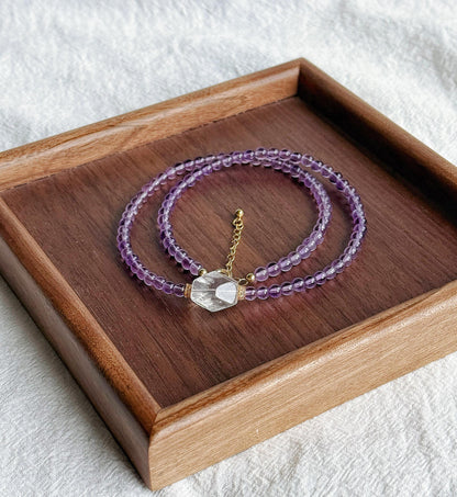4.5mm Amethyst Beaded Necklace Choker | Faceted Clear Quartz | Adjustable Length | February Birthstone