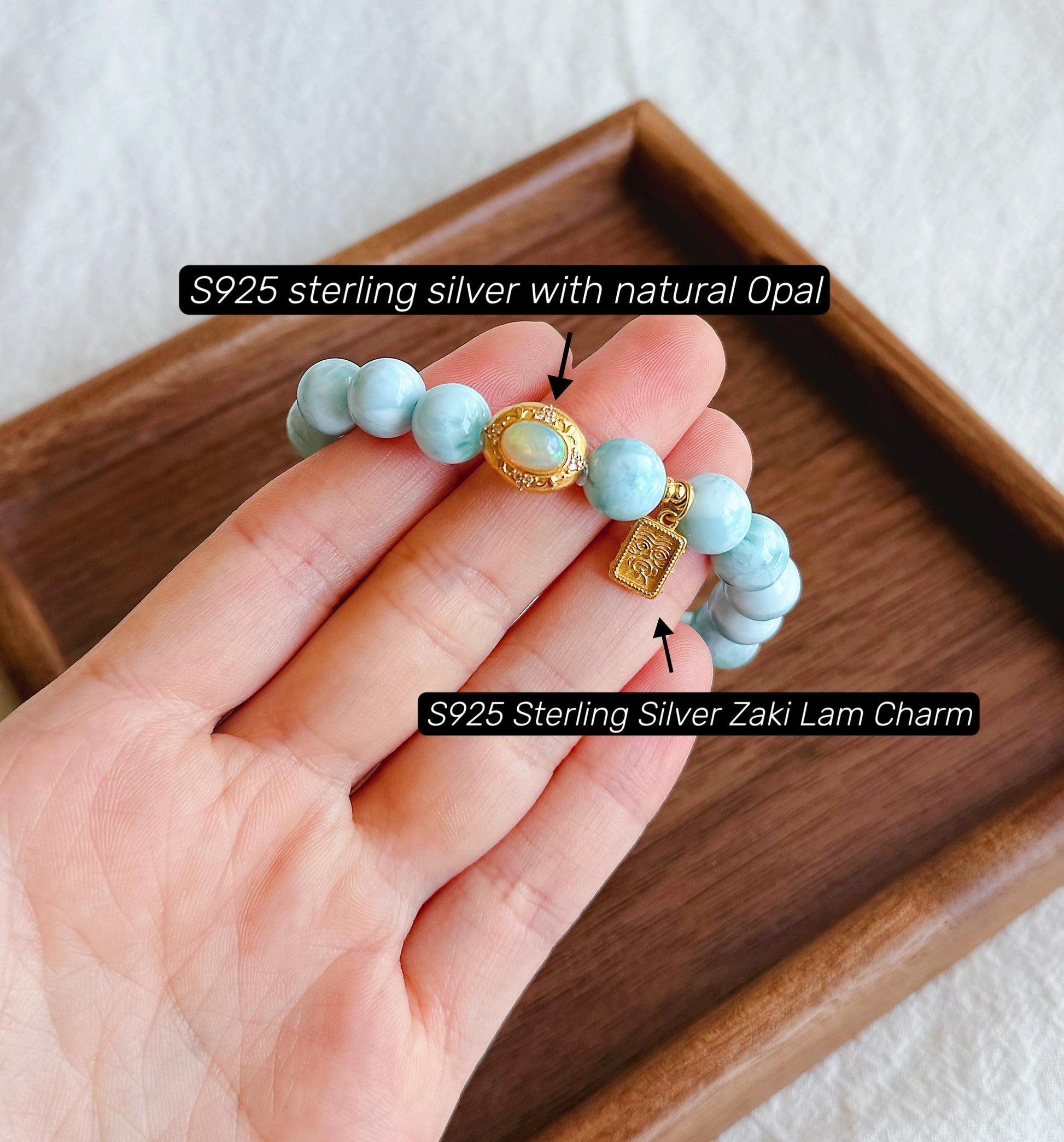 9mm Natural Larimar Beaded Bracelet | Natural Opal Accent & S925 Zaki Lam Charm | Ocean Blue Gemstone Jewelry