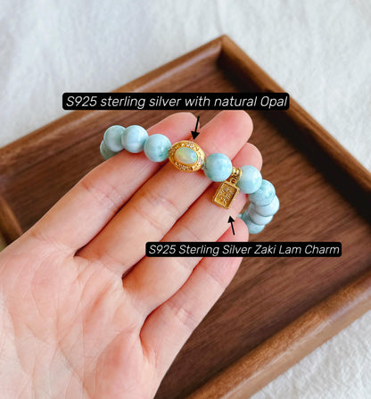 9mm Natural Larimar Beaded Bracelet | Natural Opal Accent & S925 Zaki Lam Charm | Ocean Blue Gemstone Jewelry