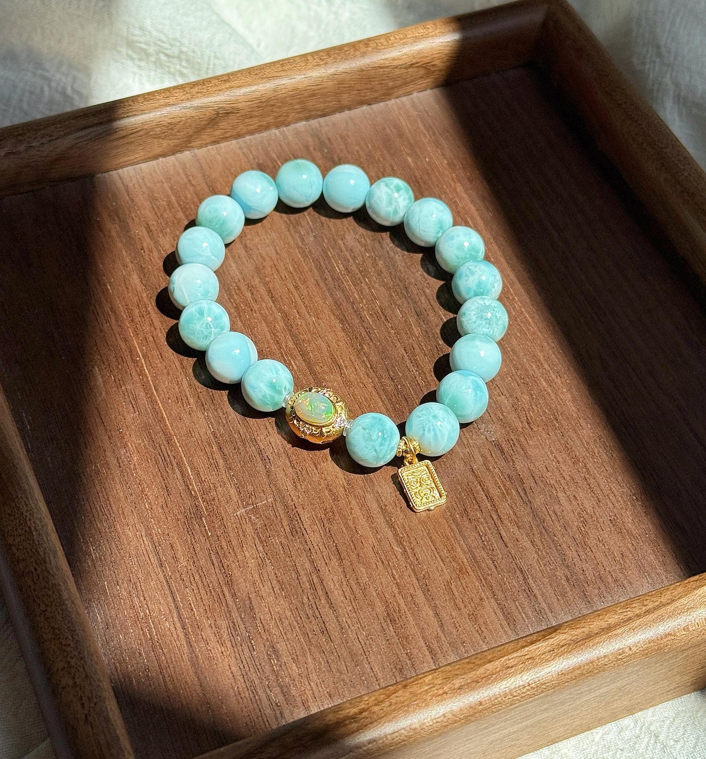 9mm Natural Larimar Beaded Bracelet | Natural Opal Accent & S925 Zaki Lam Charm | Ocean Blue Gemstone Jewelry