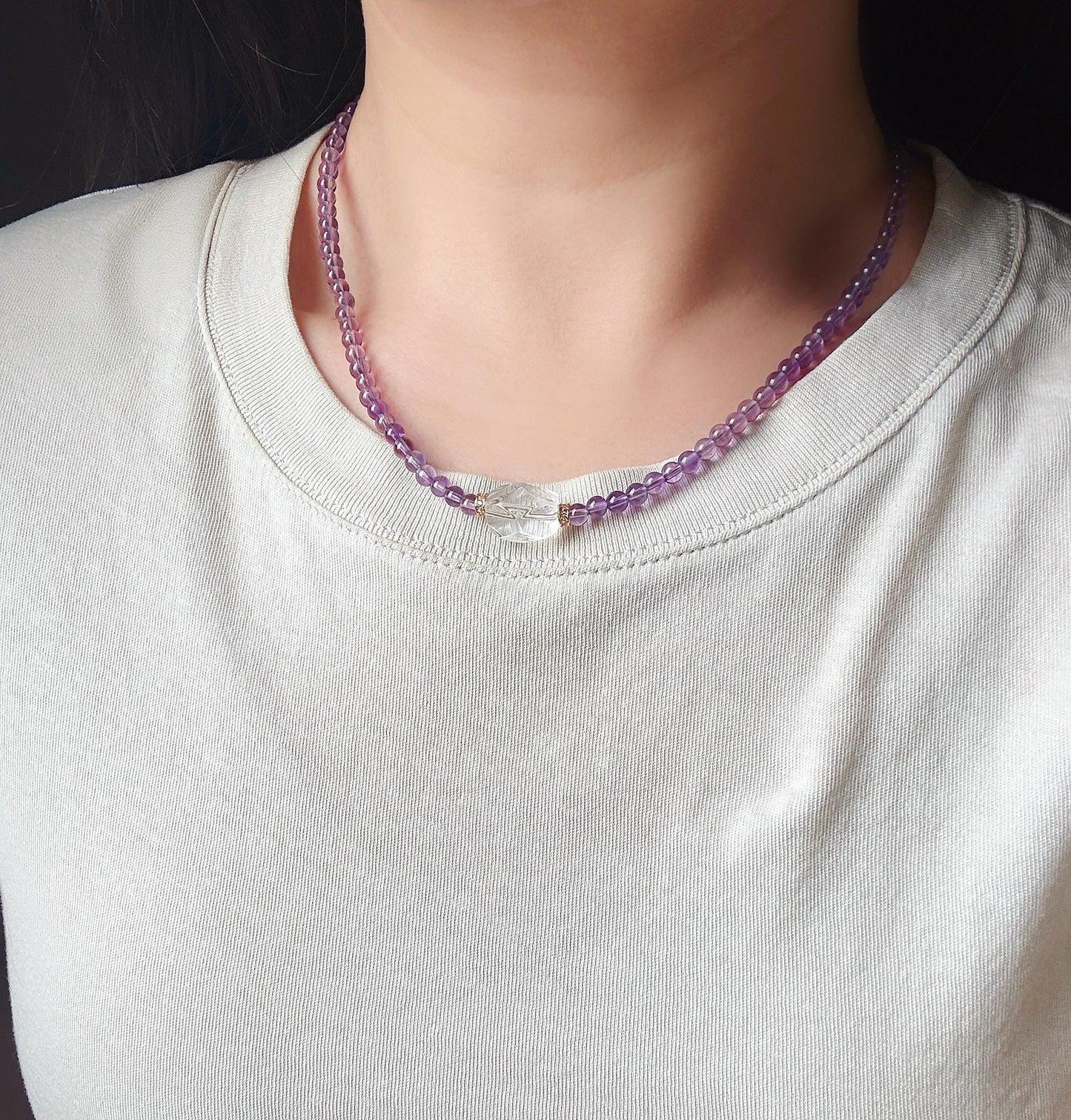4.5mm Amethyst Beaded Necklace Choker | Faceted Clear Quartz | Adjustable Length | February Birthstone