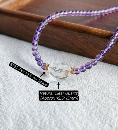 4.5mm Amethyst Beaded Necklace Choker | Faceted Clear Quartz | Adjustable Length | February Birthstone