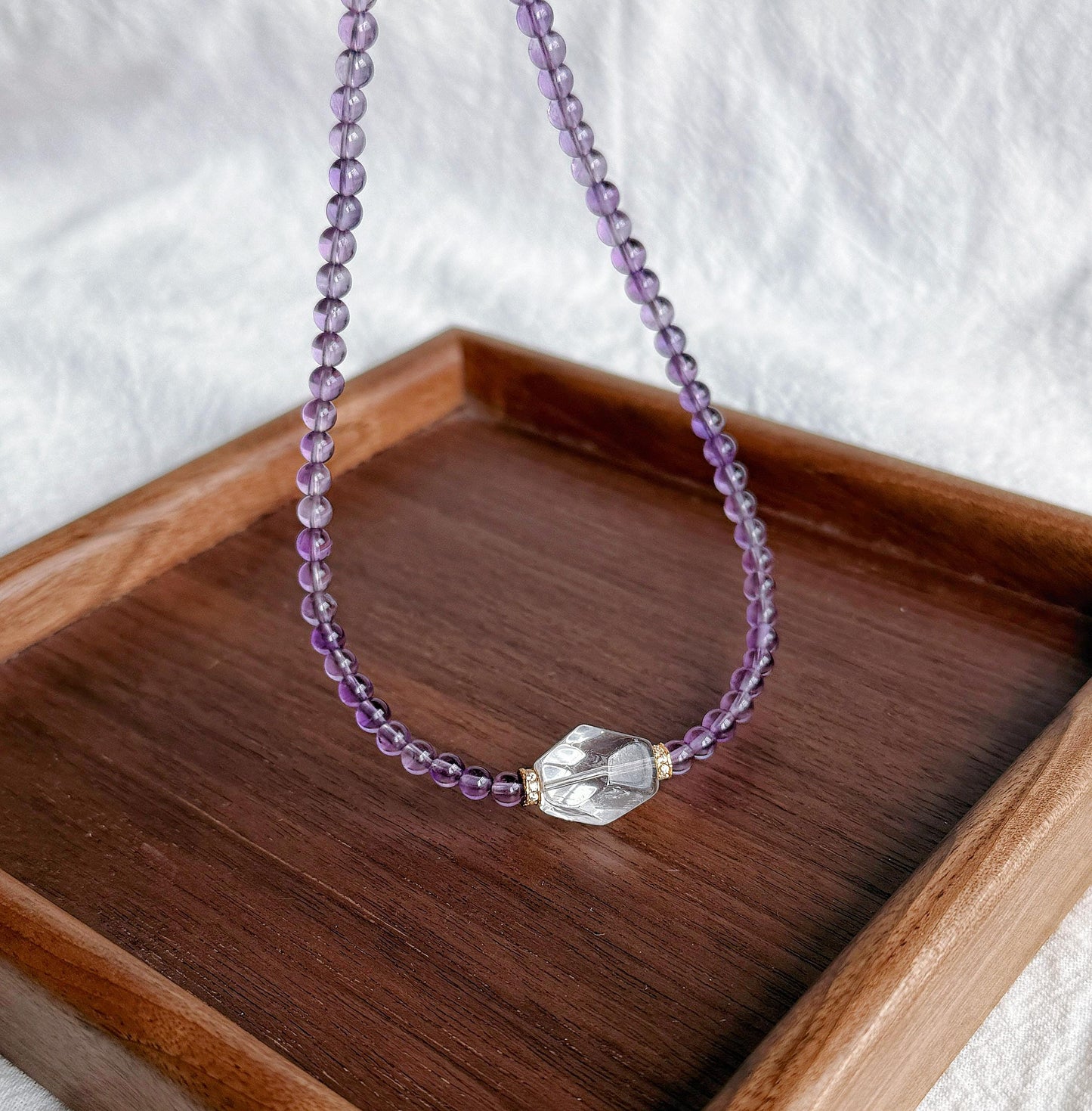 4.5mm Amethyst Beaded Necklace Choker | Faceted Clear Quartz | Adjustable Length | February Birthstone