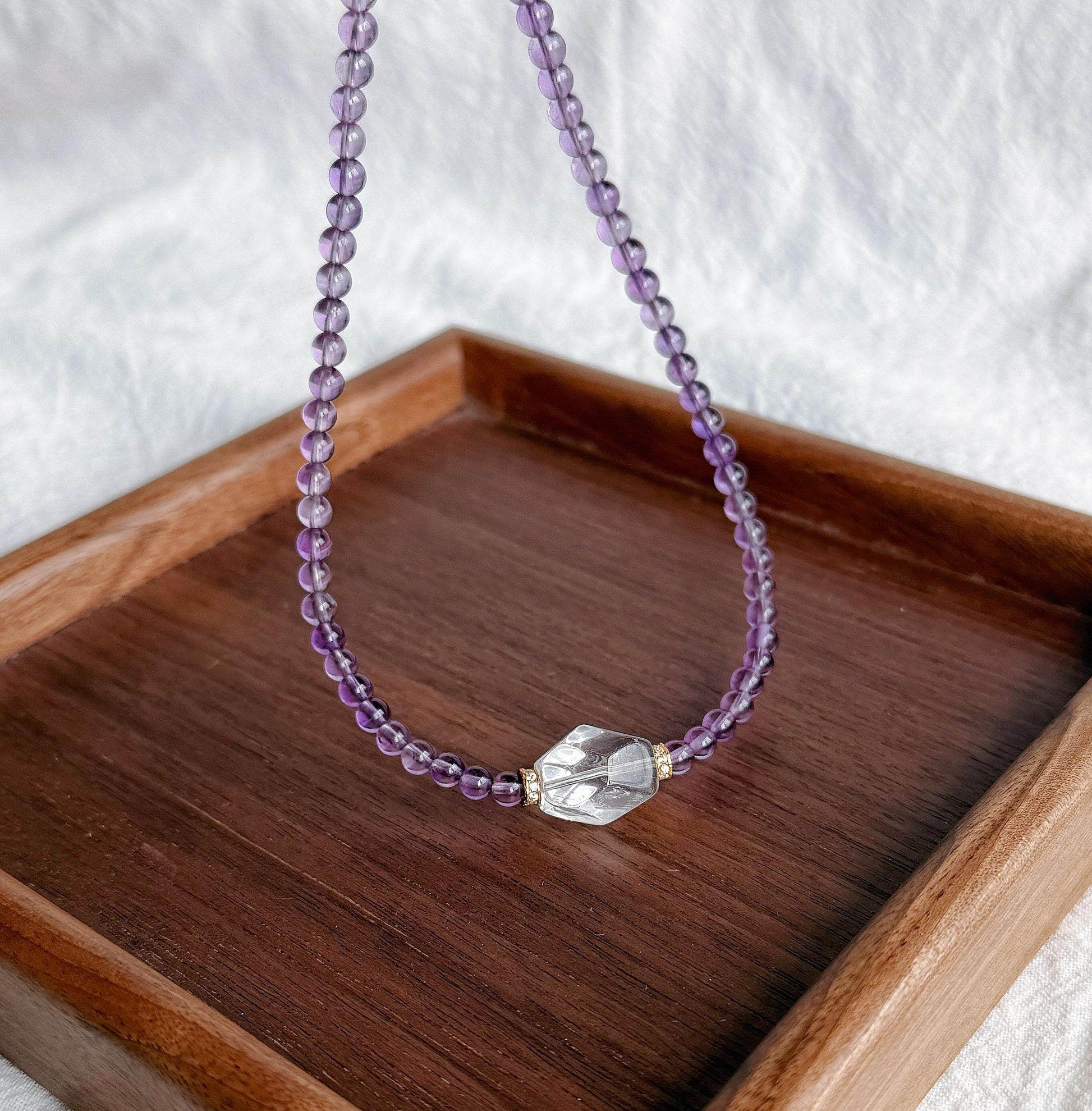 4.5mm Amethyst Beaded Necklace Choker | Faceted Clear Quartz | Adjustable Length | February Birthstone