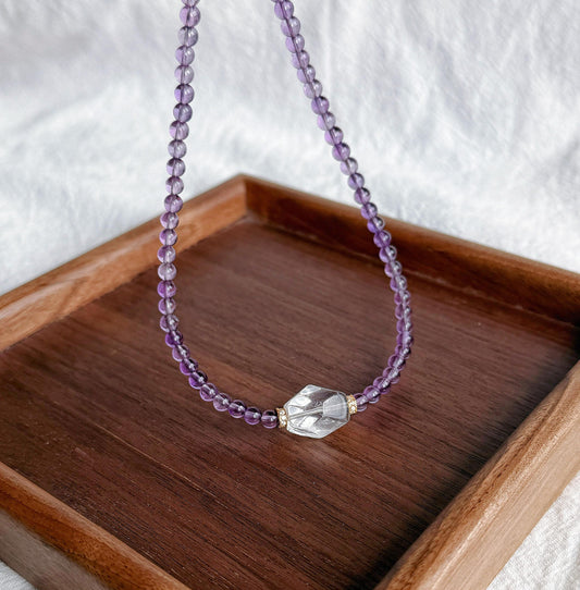 4.5mm Amethyst Beaded Necklace Choker | Faceted Clear Quartz | Adjustable Length | February Birthstone