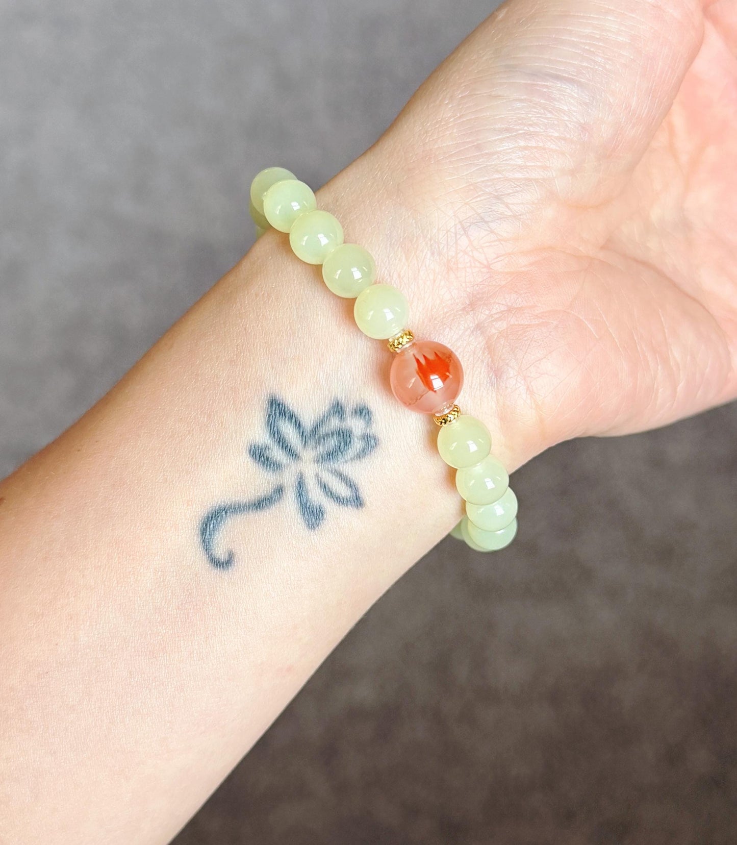 7.5mm Natural Creamy Yellow Nephrite Jade Bracelet with Red Agate & 18K Gold | Genuine Fine Jade Jewelry Gift