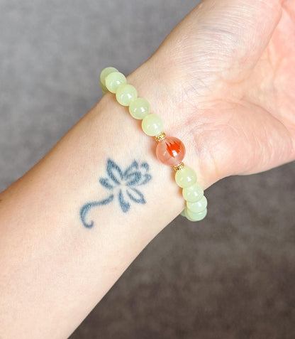 7.5mm Natural Creamy Yellow Nephrite Jade Bracelet with Red Agate & 18K Gold | Genuine Fine Jade Jewelry Gift