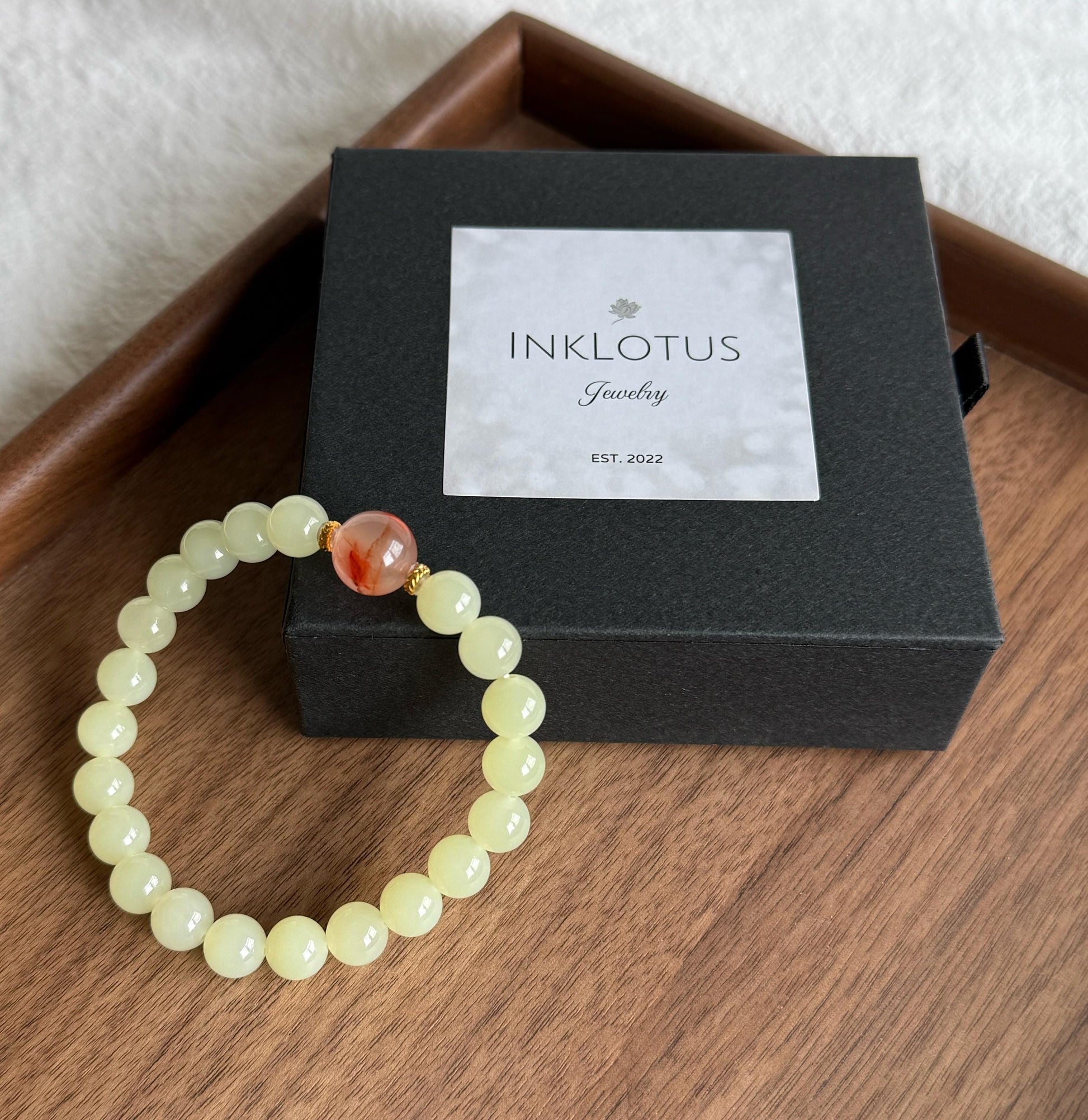 7.5mm Natural Creamy Yellow Nephrite Jade Bracelet with Red Agate & 18K Gold | Genuine Fine Jade Jewelry Gift