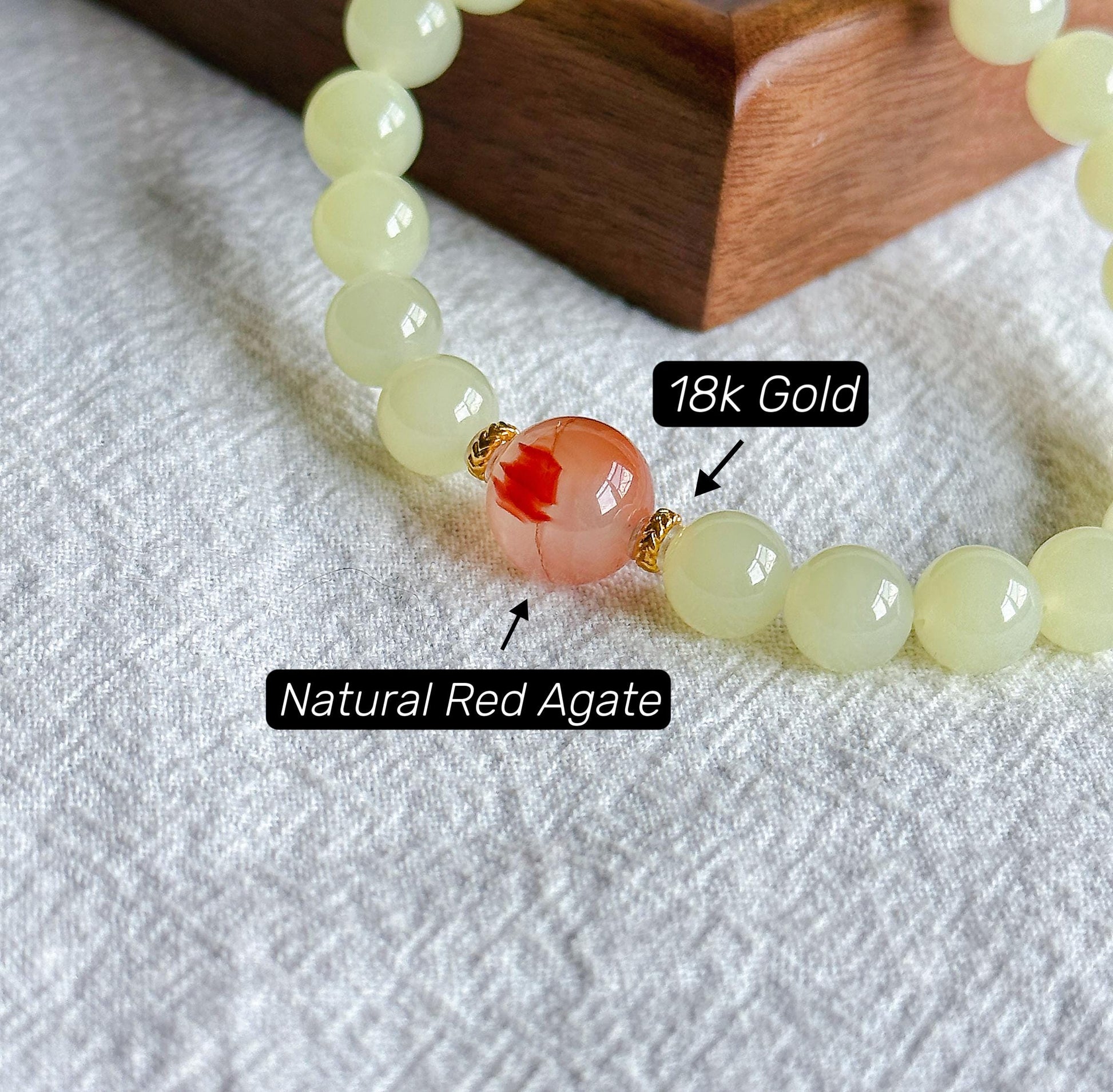 7.5mm Natural Creamy Yellow Nephrite Jade Bracelet with Red Agate & 18K Gold | Genuine Fine Jade Jewelry Gift