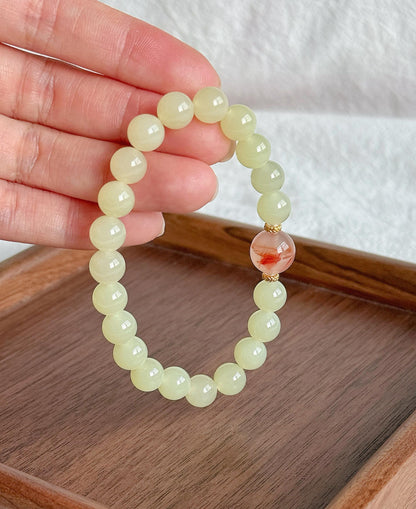 7.5mm Natural Creamy Yellow Nephrite Jade Bracelet with Red Agate & 18K Gold | Genuine Fine Jade Jewelry Gift