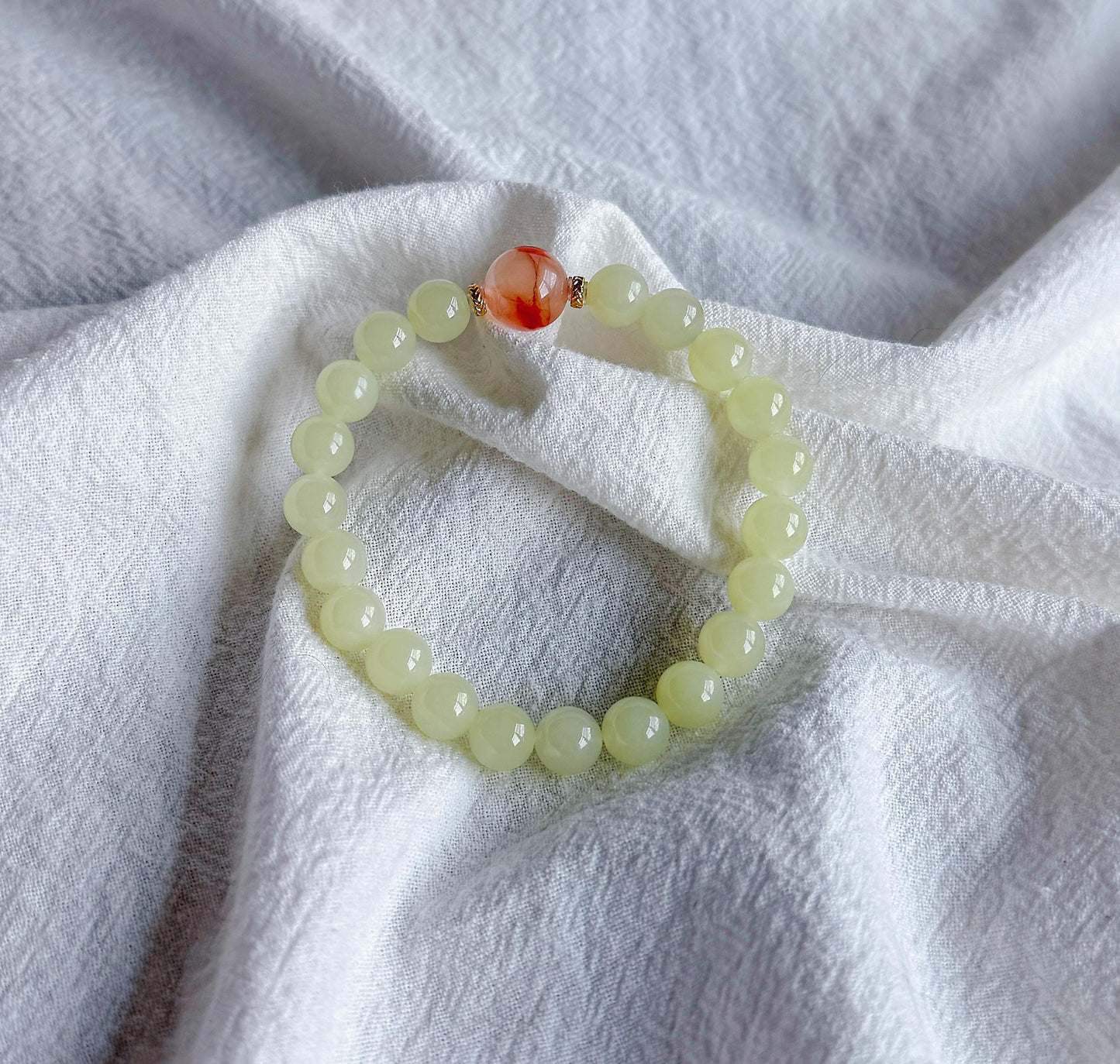 7.5mm Natural Creamy Yellow Nephrite Jade Bracelet with Red Agate & 18K Gold | Genuine Fine Jade Jewelry Gift