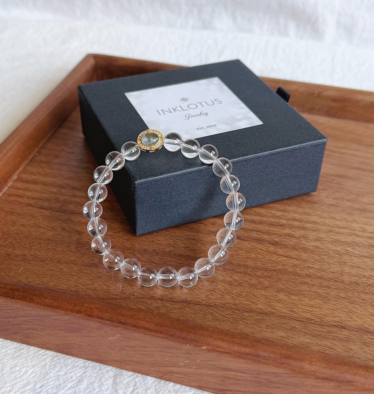 8mm Clear Quartz Bracelet with S925 Silver Aquamarine Charm | Light & Tranquil