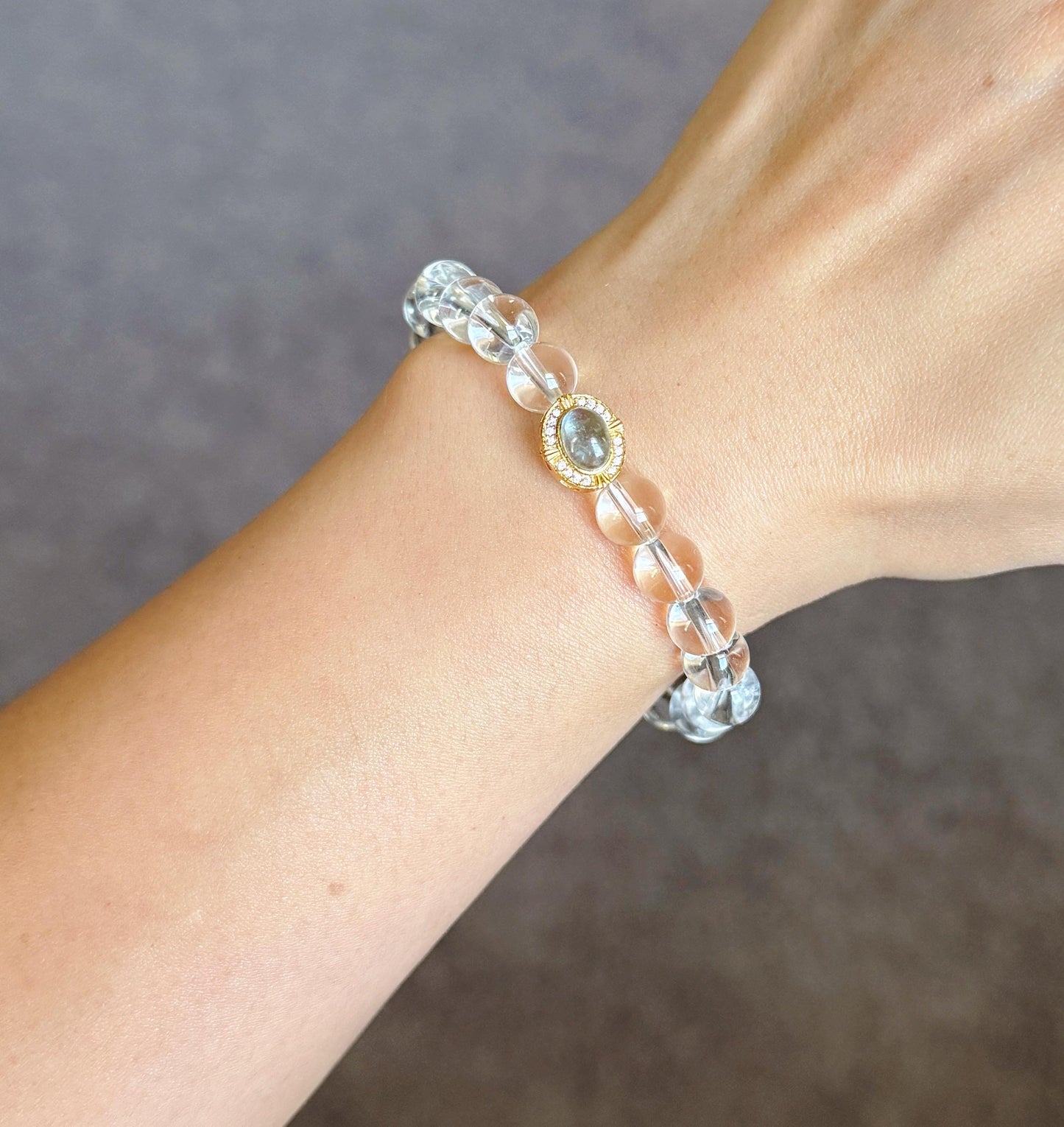 8mm Clear Quartz Bracelet with S925 Silver Aquamarine Charm | Light & Tranquil