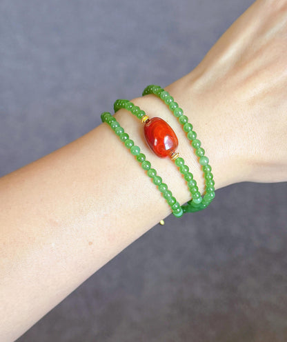 Natural Green Nephrite Jade Necklace 4mm | Red Agate & Freshwater Pearl | Convertible Triple-Wrap Bracelet | Gift for Her