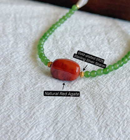 Natural Green Nephrite Jade Necklace 4mm | Red Agate & Freshwater Pearl | Convertible Triple-Wrap Bracelet | Gift for Her
