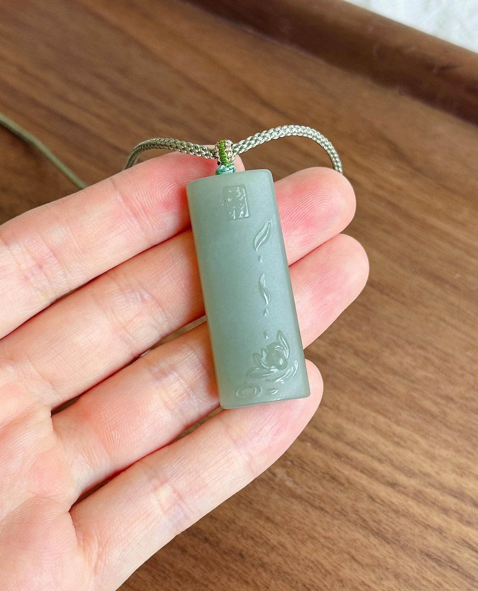 Natural Nephrite Jade Lotus Pendant Necklace | Unique Gray Blue Jade | Hand-Carved Zen Jewelry | Adjustable Cord