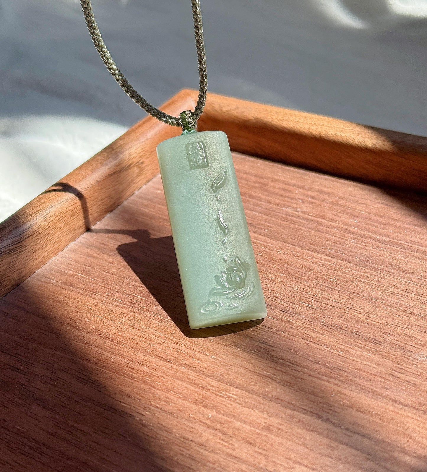 Natural Nephrite Jade Lotus Pendant Necklace | Unique Gray Blue Jade | Hand-Carved Zen Jewelry | Adjustable Cord