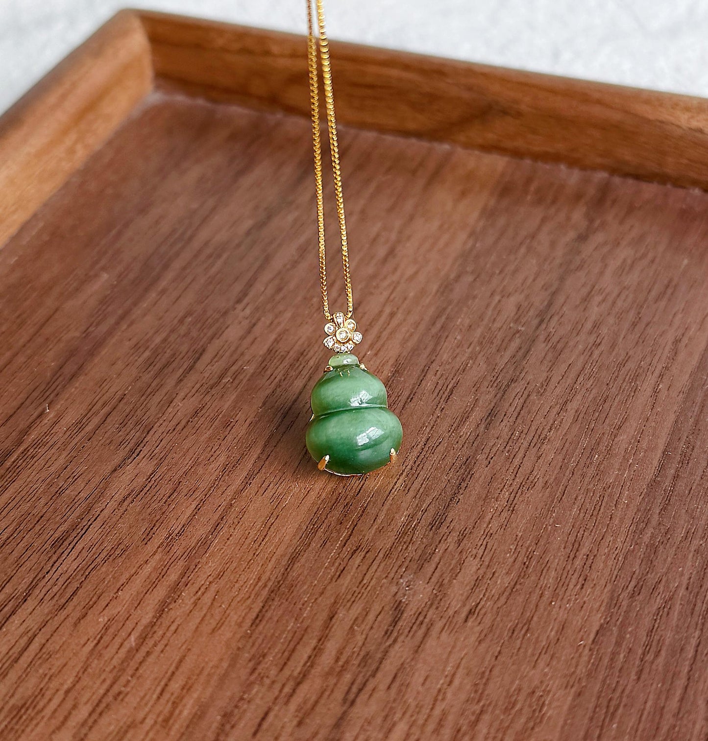 18K Gold Jade Gourd Pendant Necklace | Natural Green Nephrite Jade with Cat's Eye | Lucky Charm Jewelry Gift for Her