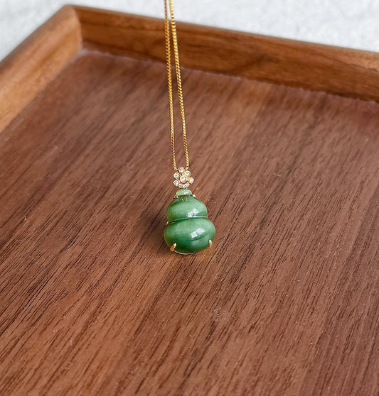 18K Gold Jade Gourd Pendant Necklace | Natural Green Nephrite Jade with Cat's Eye | Lucky Charm Jewelry Gift for Her