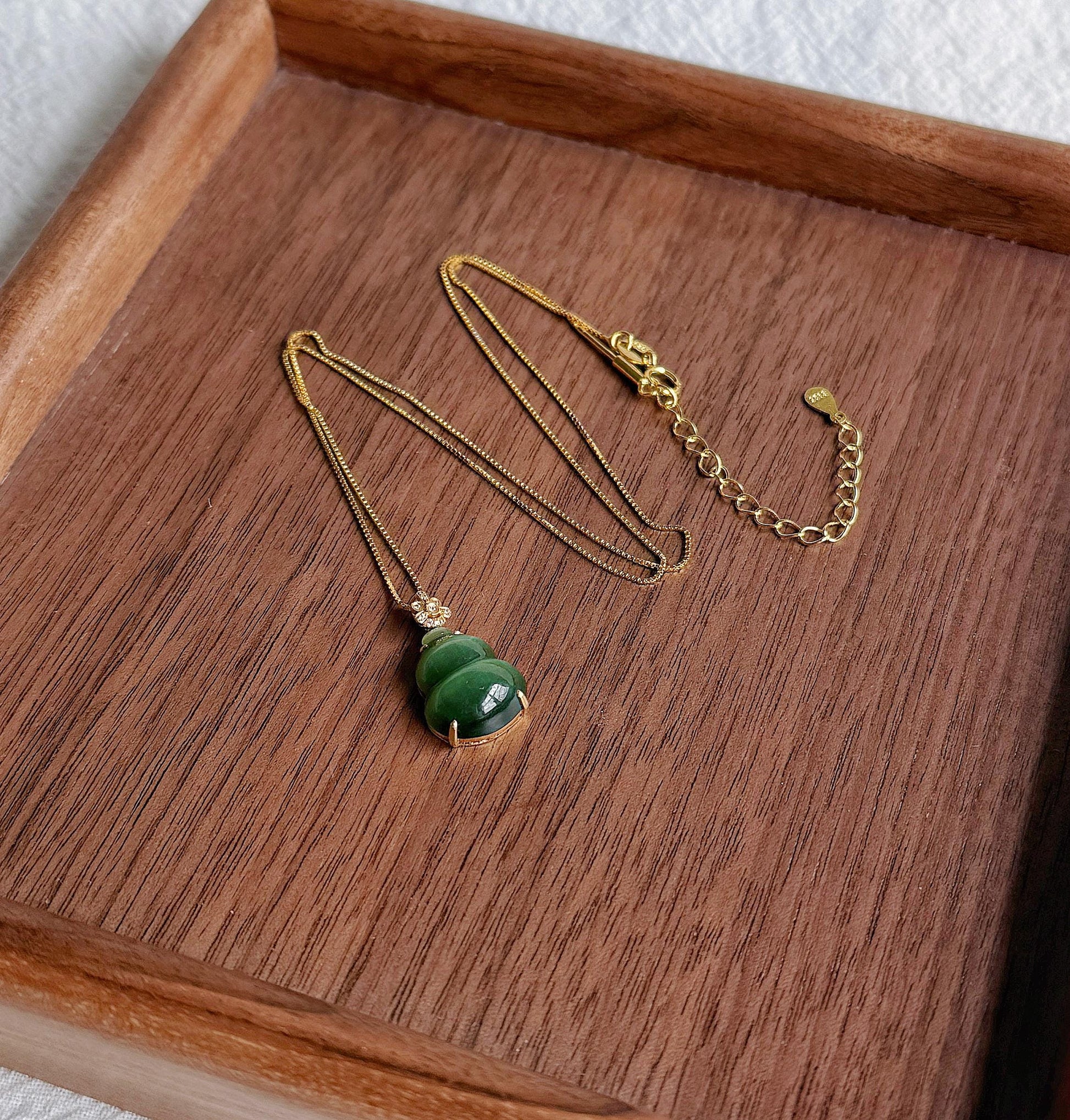 18K Gold Jade Gourd Pendant Necklace | Natural Green Nephrite Jade with Cat's Eye | Lucky Charm Jewelry Gift for Her