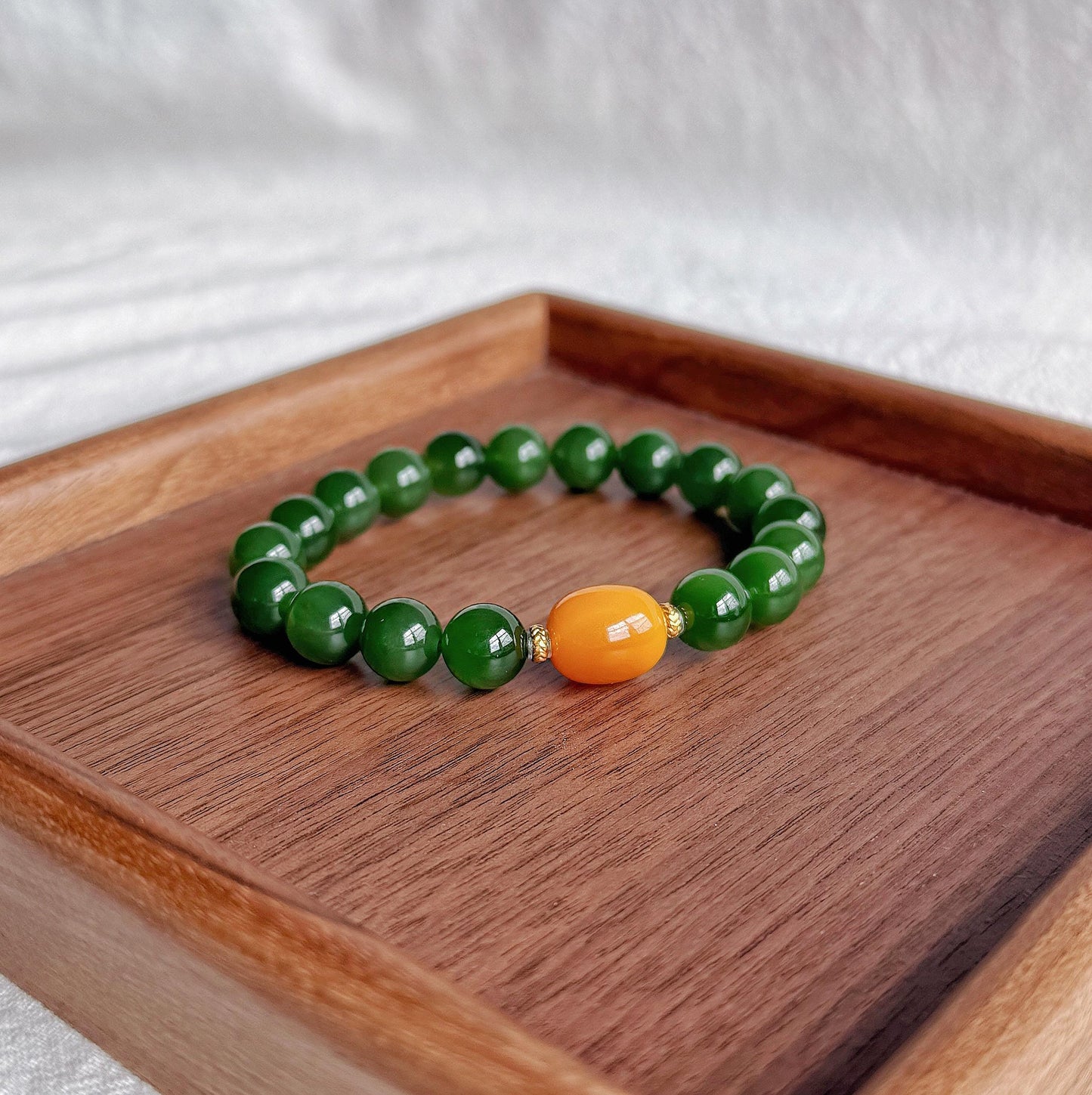 9mm Certified Green Nephrite Jade Bracelet | Baltic Amber Center | 18K Gold Spacers | Luxury Jade Jewelry Gift for Her
