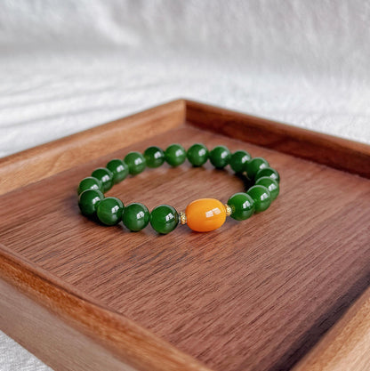 9mm Certified Green Nephrite Jade Bracelet | Baltic Amber Center | 18K Gold Spacers | Luxury Jade Jewelry Gift for Her